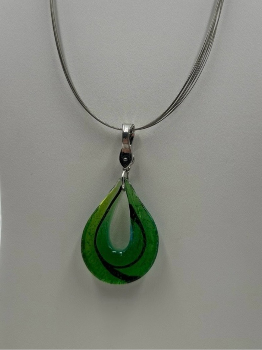 Green Blue Art Glass Teardrop Pendant Necklace Silver Tone Multi Strand Cord